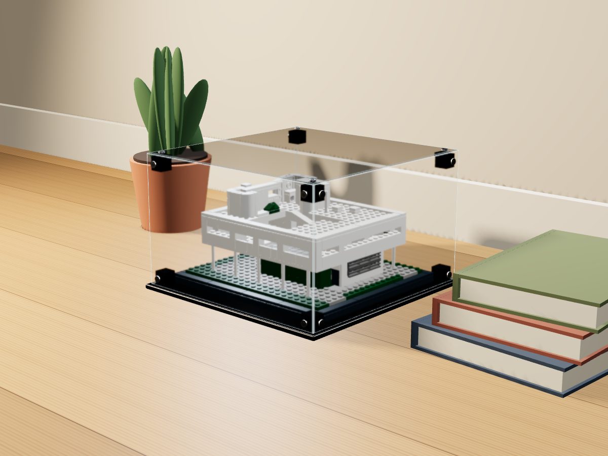 LEGO® Architecture: Villa Savoye (21014) ile Uyumlu Sergileme Vitrini — evde, set içindeyken; set modeli Damien Roux (LDraw OMR, CC BY 2.0), temsili görselleştirme, set dahil değildir