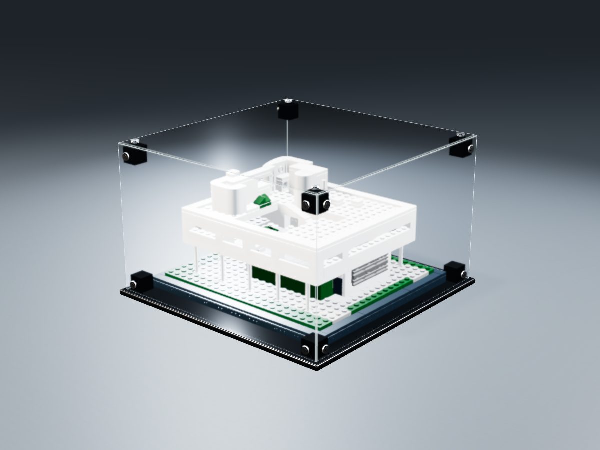 LEGO® Architecture: Villa Savoye (21014) ile Uyumlu Sergileme Vitrini — stüdyoda, set içindeyken; set modeli Damien Roux (LDraw OMR, CC BY 2.0), temsili görselleştirme, set dahil değildir