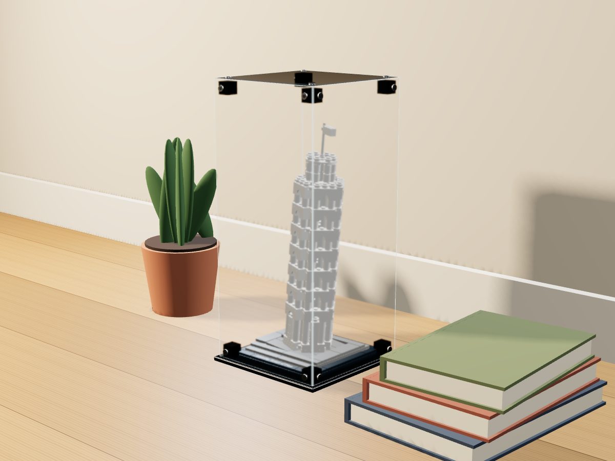 LEGO® Architecture: The Leaning Tower of Pisa (21015) ile Uyumlu Sergileme Vitrini — evde, set içindeyken; set modeli Damien Roux (LDraw OMR, CC BY 2.0), temsili görselleştirme, set dahil değildir