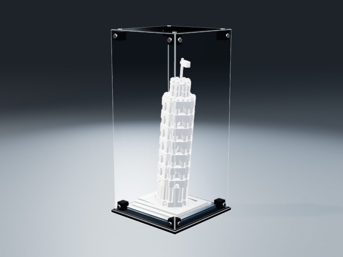 LEGO® Architecture: The Leaning Tower of Pisa (21015) ile Uyumlu Sergileme Vitrini — stüdyoda, set içindeyken; set modeli Damien Roux (LDraw OMR, CC BY 2.0), temsili görselleştirme, set dahil değildir