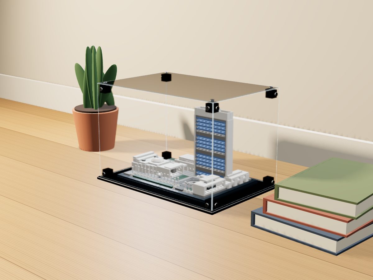 LEGO® Architecture: United Nations Headquarters (21018) ile Uyumlu Sergileme Vitrini — evde, set içindeyken; set modeli Damien Roux (LDraw OMR, CC BY 2.0), temsili görselleştirme, set dahil değildir
