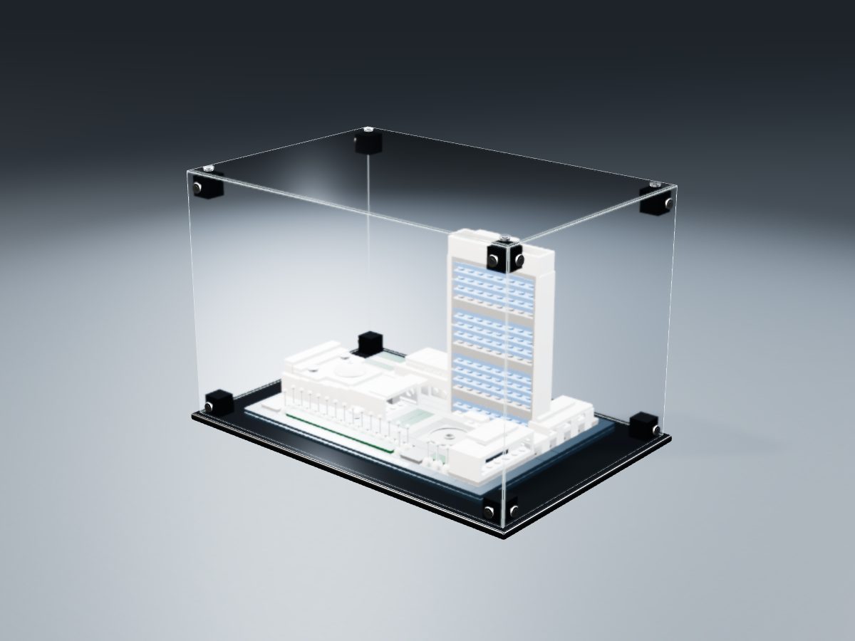 LEGO® Architecture: United Nations Headquarters (21018) ile Uyumlu Sergileme Vitrini — stüdyoda, set içindeyken; set modeli Damien Roux (LDraw OMR, CC BY 2.0), temsili görselleştirme, set dahil değildir