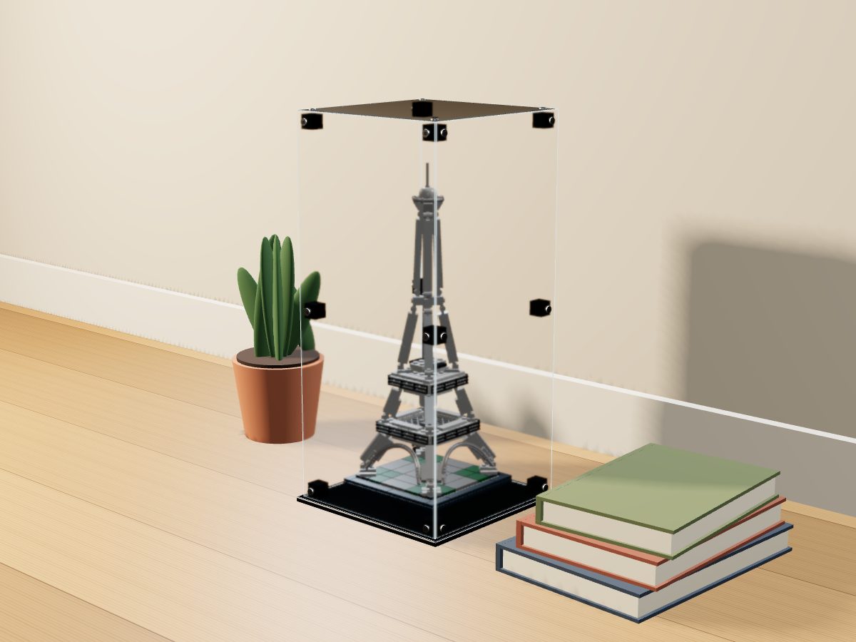 LEGO® Architecture: The Eiffel Tower (21019) ile Uyumlu Sergileme Vitrini — evde, set içindeyken; set modeli Damien Roux (LDraw OMR, CC BY 2.0), temsili görselleştirme, set dahil değildir