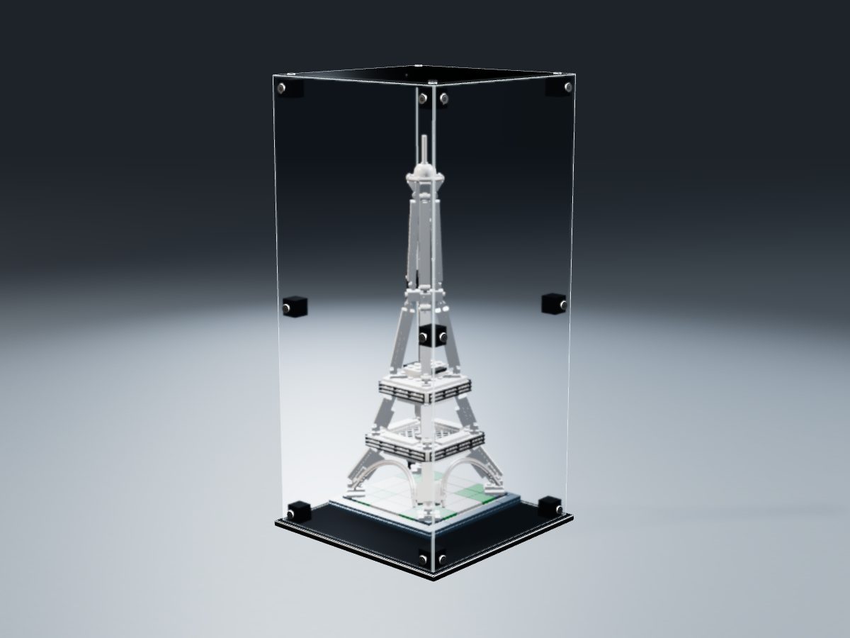 LEGO® Architecture: The Eiffel Tower (21019) ile Uyumlu Sergileme Vitrini — stüdyoda, set içindeyken; set modeli Damien Roux (LDraw OMR, CC BY 2.0), temsili görselleştirme, set dahil değildir