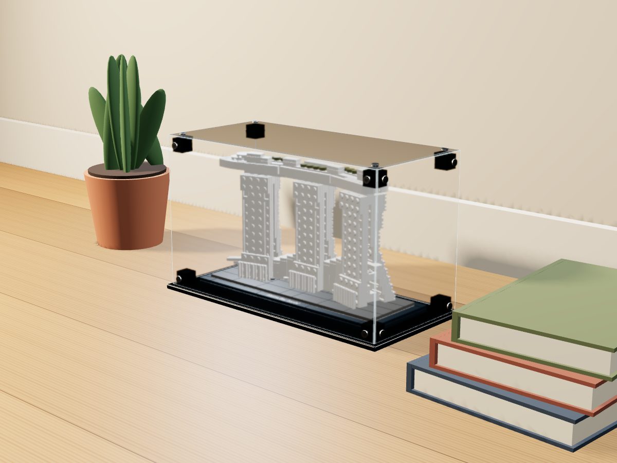 LEGO® Architecture: Marina Bay Sands (21021) ile Uyumlu Sergileme Vitrini — evde, set içindeyken; set modeli Damien Roux (LDraw OMR, CC BY 2.0), temsili görselleştirme, set dahil değildir