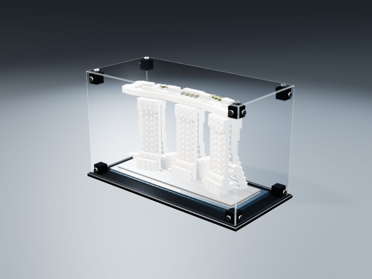 LEGO® Architecture: Marina Bay Sands (21021) ile Uyumlu Sergileme Vitrini — stüdyoda, set içindeyken; set modeli Damien Roux (LDraw OMR, CC BY 2.0), temsili görselleştirme, set dahil değildir
