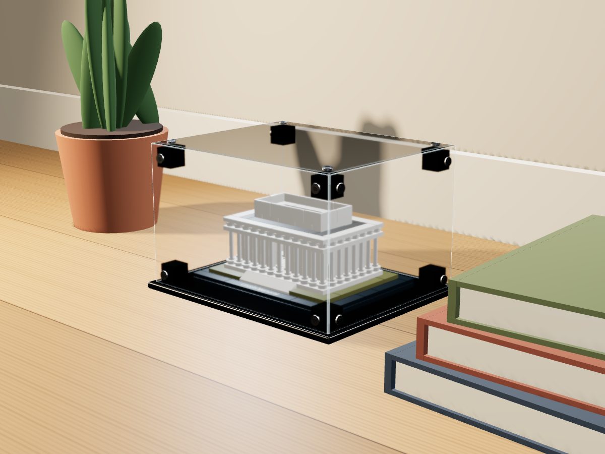 LEGO® Architecture: Lincoln Memorial (21022) ile Uyumlu Sergileme Vitrini — evde, set içindeyken; set modeli Damien Roux (LDraw OMR, CC BY 2.0), temsili görselleştirme, set dahil değildir