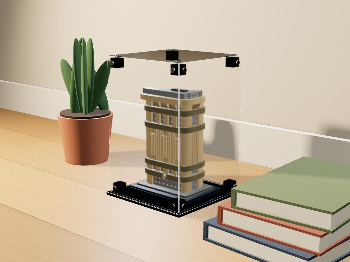 LEGO® Architecture: Flatiron Building (21023) ile Uyumlu Sergileme Vitrini — evde, set içindeyken; set modeli Damien Roux (LDraw OMR, CC BY 2.0), temsili görselleştirme, set dahil değildir