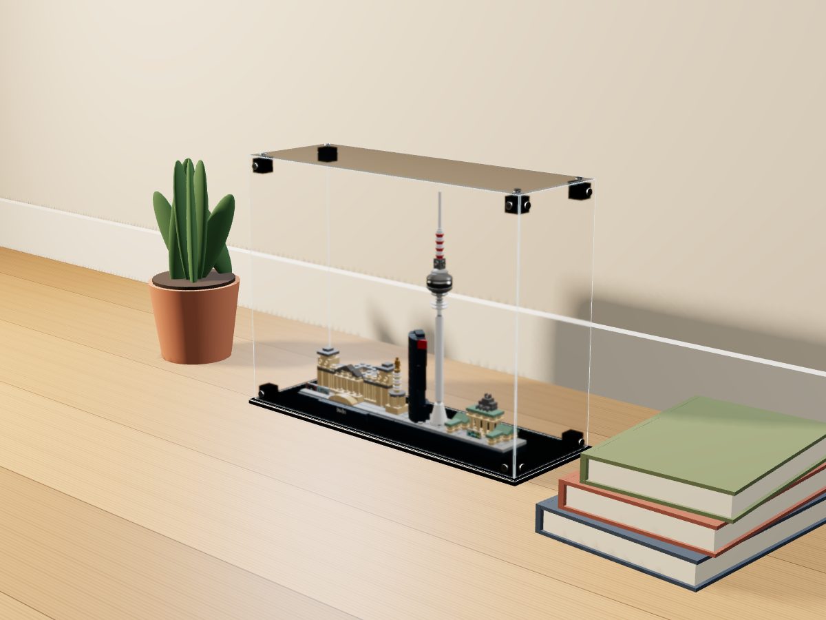 LEGO® Architecture: Berlin (21027) ile Uyumlu Sergileme Vitrini — evde, set içindeyken; set modeli Damien Roux (LDraw OMR, CC BY 2.0), temsili görselleştirme, set dahil değildir