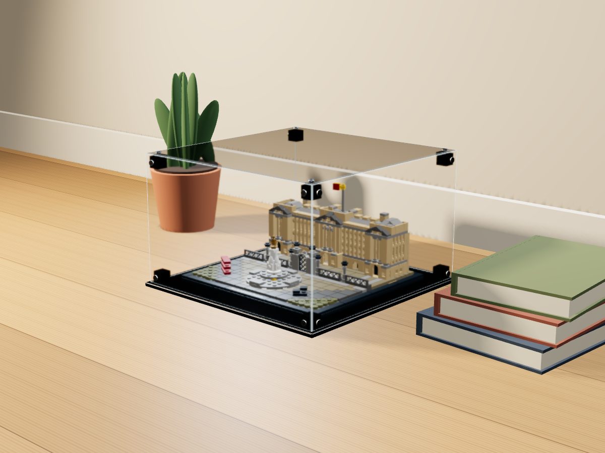 LEGO® Architecture: Buckingham Palace (21029) ile Uyumlu Sergileme Vitrini — evde, set içindeyken; set modeli Damien Roux (LDraw OMR, CC BY 2.0), temsili görselleştirme, set dahil değildir
