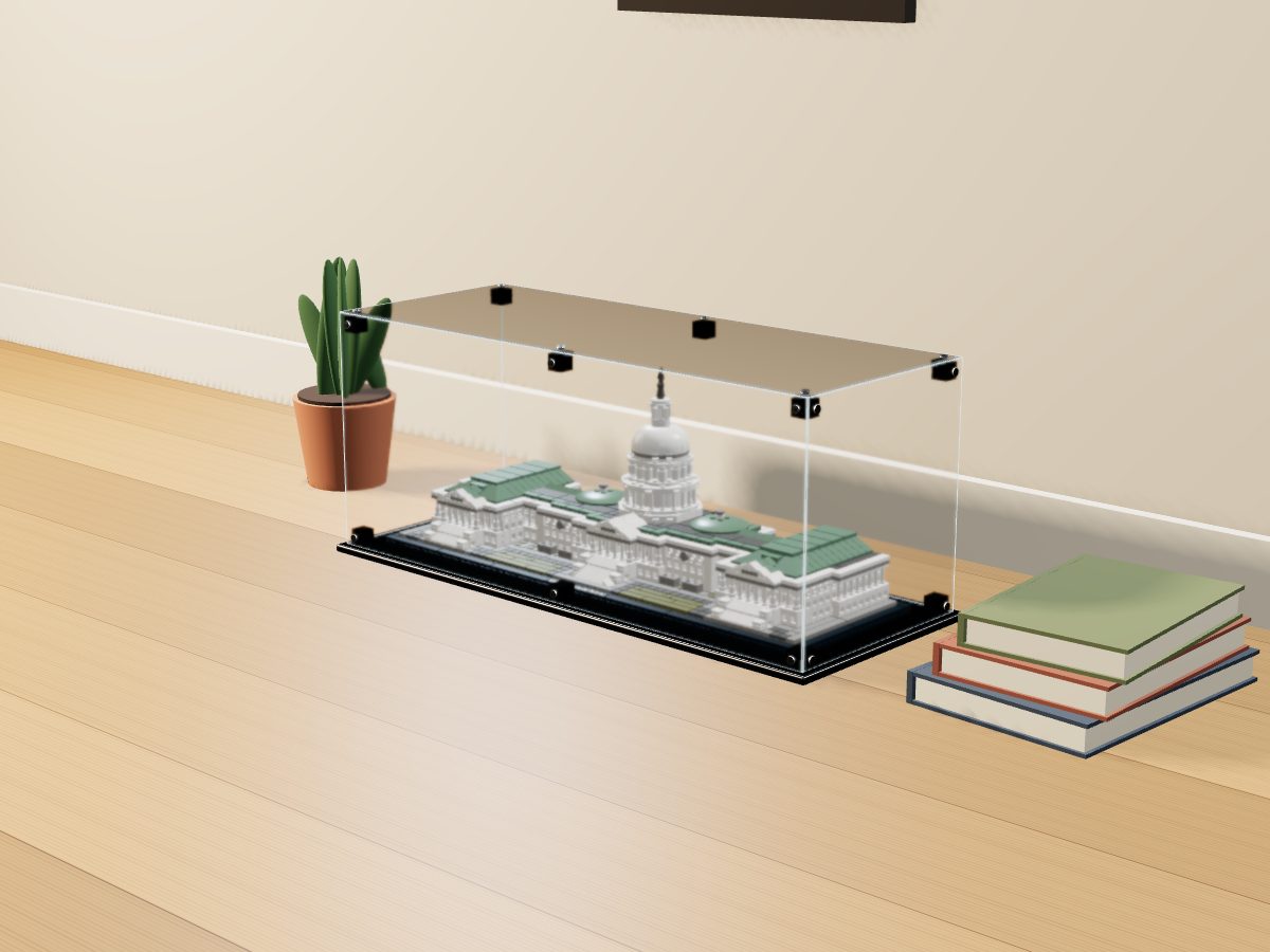 LEGO® Architecture: United States Capitol Building (21030) ile Uyumlu Sergileme Vitrini — evde, set içindeyken; set modeli Damien Roux (LDraw OMR, CC BY 2.0), temsili görselleştirme, set dahil değildir