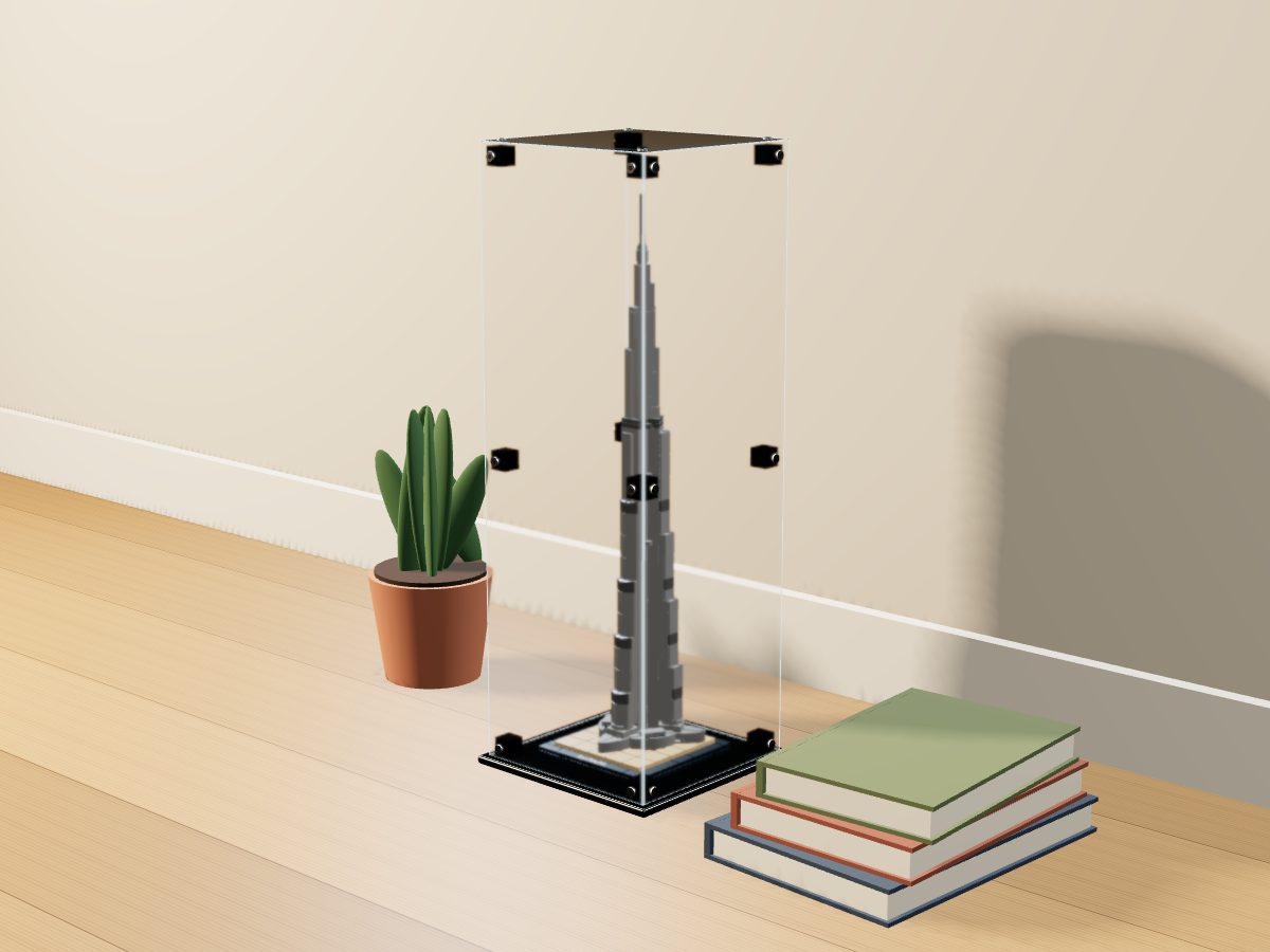 LEGO® Architecture: Burj Khalifa (21031) ile Uyumlu Sergileme Vitrini — evde, set içindeyken; set modeli Damien Roux (LDraw OMR, CC BY 2.0), temsili görselleştirme, set dahil değildir