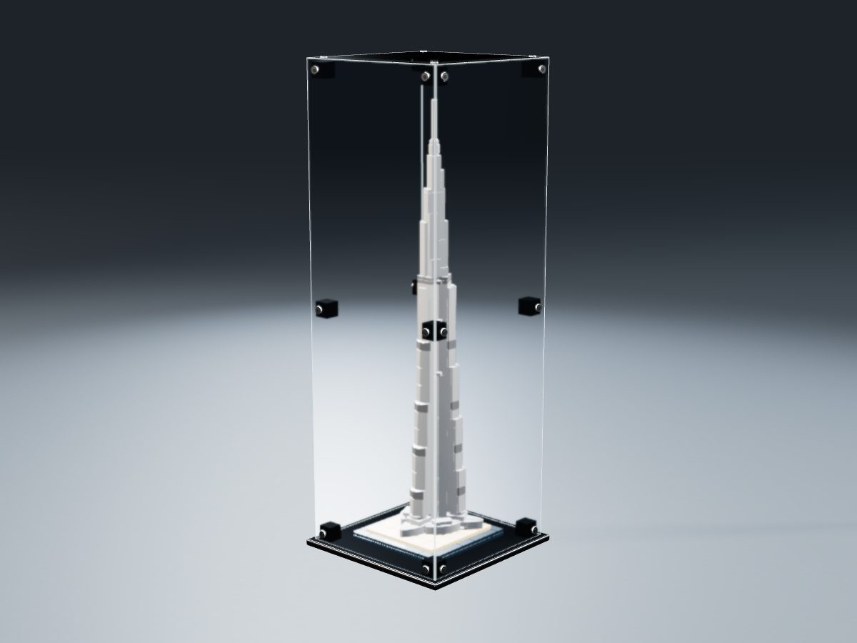 LEGO® Architecture: Burj Khalifa (21031) ile Uyumlu Sergileme Vitrini — stüdyoda, set içindeyken; set modeli Damien Roux (LDraw OMR, CC BY 2.0), temsili görselleştirme, set dahil değildir