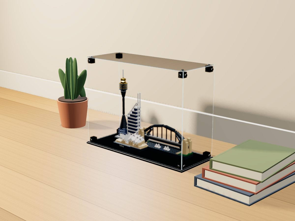 LEGO® Architecture: Sydney (21032) ile Uyumlu Sergileme Vitrini — evde, set içindeyken; set modeli Damien Roux (LDraw OMR, CC BY 2.0), temsili görselleştirme, set dahil değildir