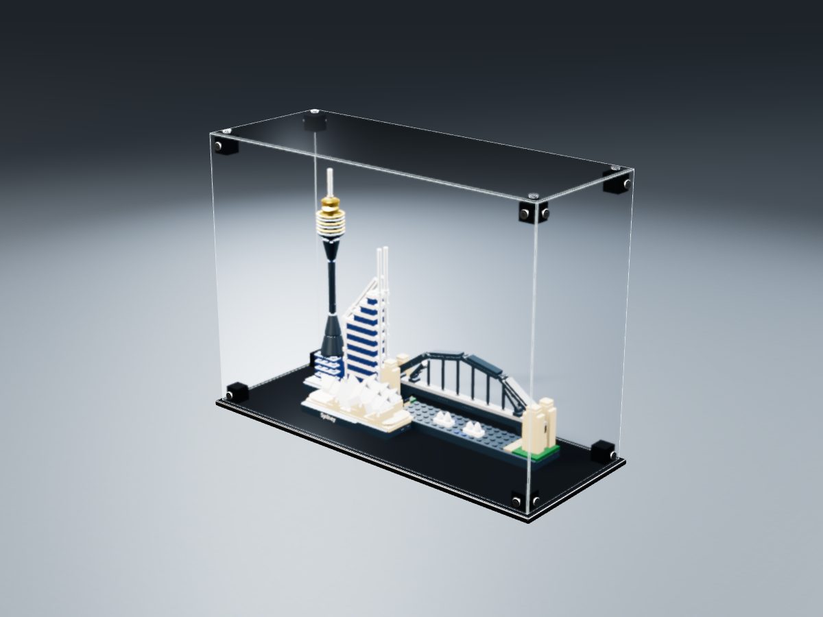 LEGO® Architecture: Sydney (21032) ile Uyumlu Sergileme Vitrini — stüdyoda, set içindeyken; set modeli Damien Roux (LDraw OMR, CC BY 2.0), temsili görselleştirme, set dahil değildir