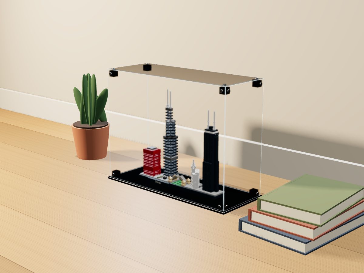 LEGO® Architecture: Chicago (21033) ile Uyumlu Sergileme Vitrini — evde, set içindeyken; set modeli Damien Roux (LDraw OMR, CC BY 2.0), temsili görselleştirme, set dahil değildir