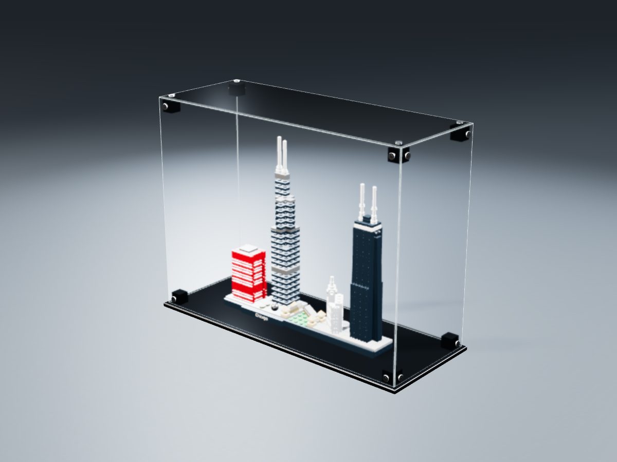 LEGO® Architecture: Chicago (21033) ile Uyumlu Sergileme Vitrini — stüdyoda, set içindeyken; set modeli Damien Roux (LDraw OMR, CC BY 2.0), temsili görselleştirme, set dahil değildir