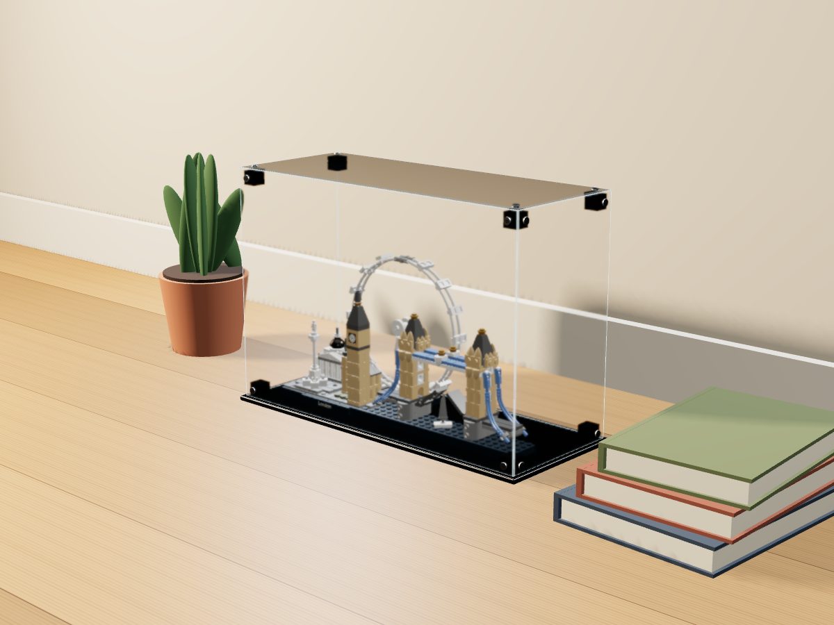 LEGO® Architecture: London (21034) ile Uyumlu Sergileme Vitrini — evde, set içindeyken; set modeli Damien Roux (LDraw OMR, CC BY 2.0), temsili görselleştirme, set dahil değildir