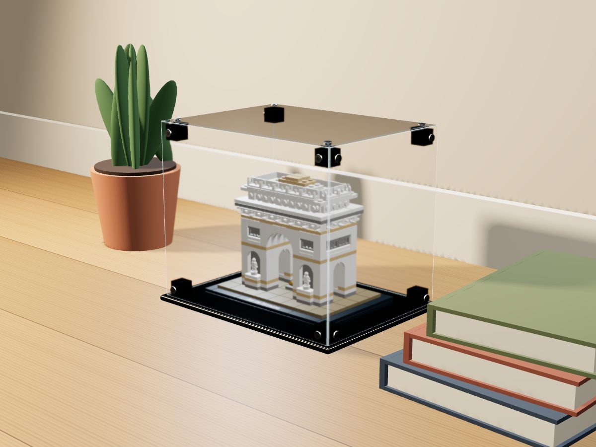 LEGO® Architecture: Arc de Triomphe (21036) ile Uyumlu Sergileme Vitrini — evde, set içindeyken; set modeli Orion Pobursky (LDraw OMR, CC BY 2.0), temsili görselleştirme, set dahil değildir