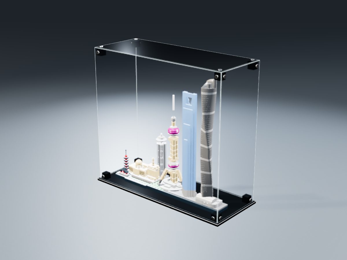 LEGO® Architecture: Shanghai (21039) ile Uyumlu Sergileme Vitrini — stüdyoda, set içindeyken; set modeli Orion Pobursky (LDraw OMR, CC BY 2.0), temsili görselleştirme, set dahil değildir