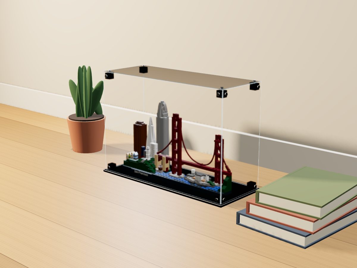 LEGO® Architecture: San Francisco (21043) ile Uyumlu Sergileme Vitrini — evde, set içindeyken; set modeli Orion Pobursky (LDraw OMR, CC BY 2.0), temsili görselleştirme, set dahil değildir