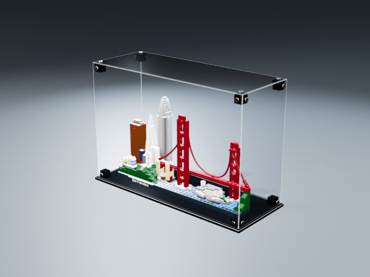LEGO® Architecture: San Francisco (21043) ile Uyumlu Sergileme Vitrini — stüdyoda, set içindeyken; set modeli Orion Pobursky (LDraw OMR, CC BY 2.0), temsili görselleştirme, set dahil değildir