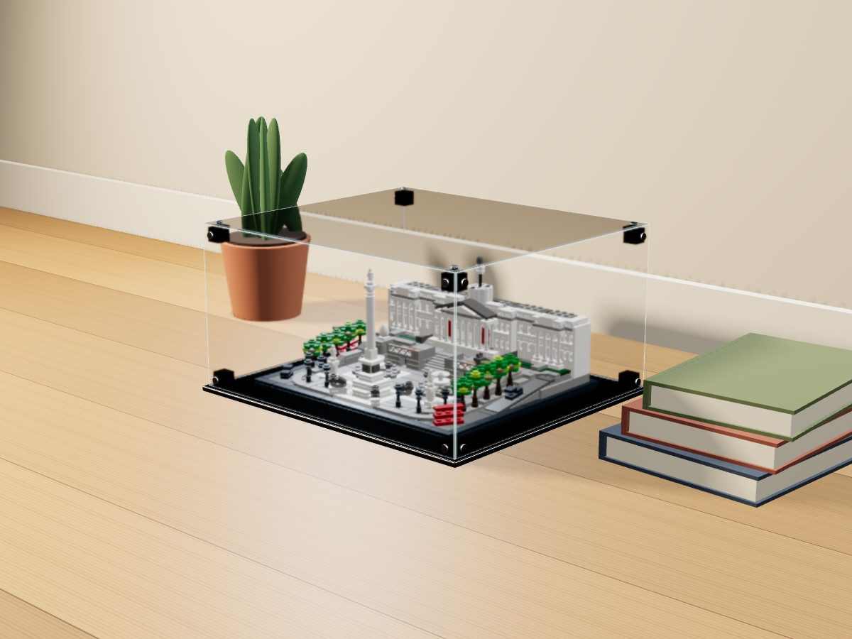 LEGO® Architecture: Trafalgar Square (21045) ile Uyumlu Sergileme Vitrini — evde, set içindeyken; set modeli Orion Pobursky (LDraw OMR, CC BY 2.0), temsili görselleştirme, set dahil değildir