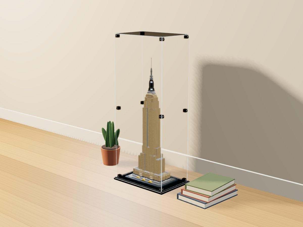LEGO® Architecture: Empire State Building (21046) ile Uyumlu Sergileme Vitrini — evde, set içindeyken; set modeli Orion Pobursky (LDraw OMR, CC BY 2.0), temsili görselleştirme, set dahil değildir