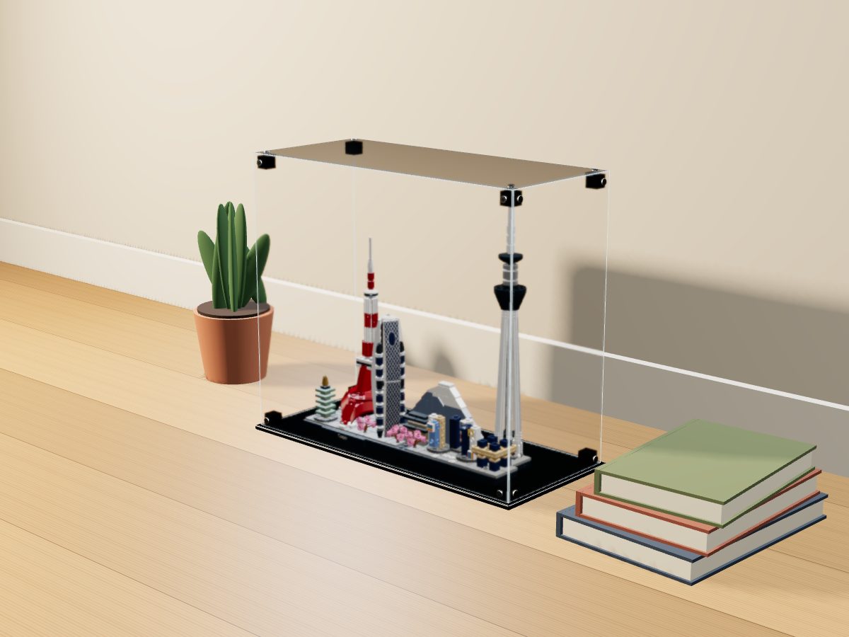 LEGO® Architecture: Tokyo (21051) ile Uyumlu Sergileme Vitrini — evde, set içindeyken; set modeli Orion Pobursky (LDraw OMR, CC BY 2.0), temsili görselleştirme, set dahil değildir