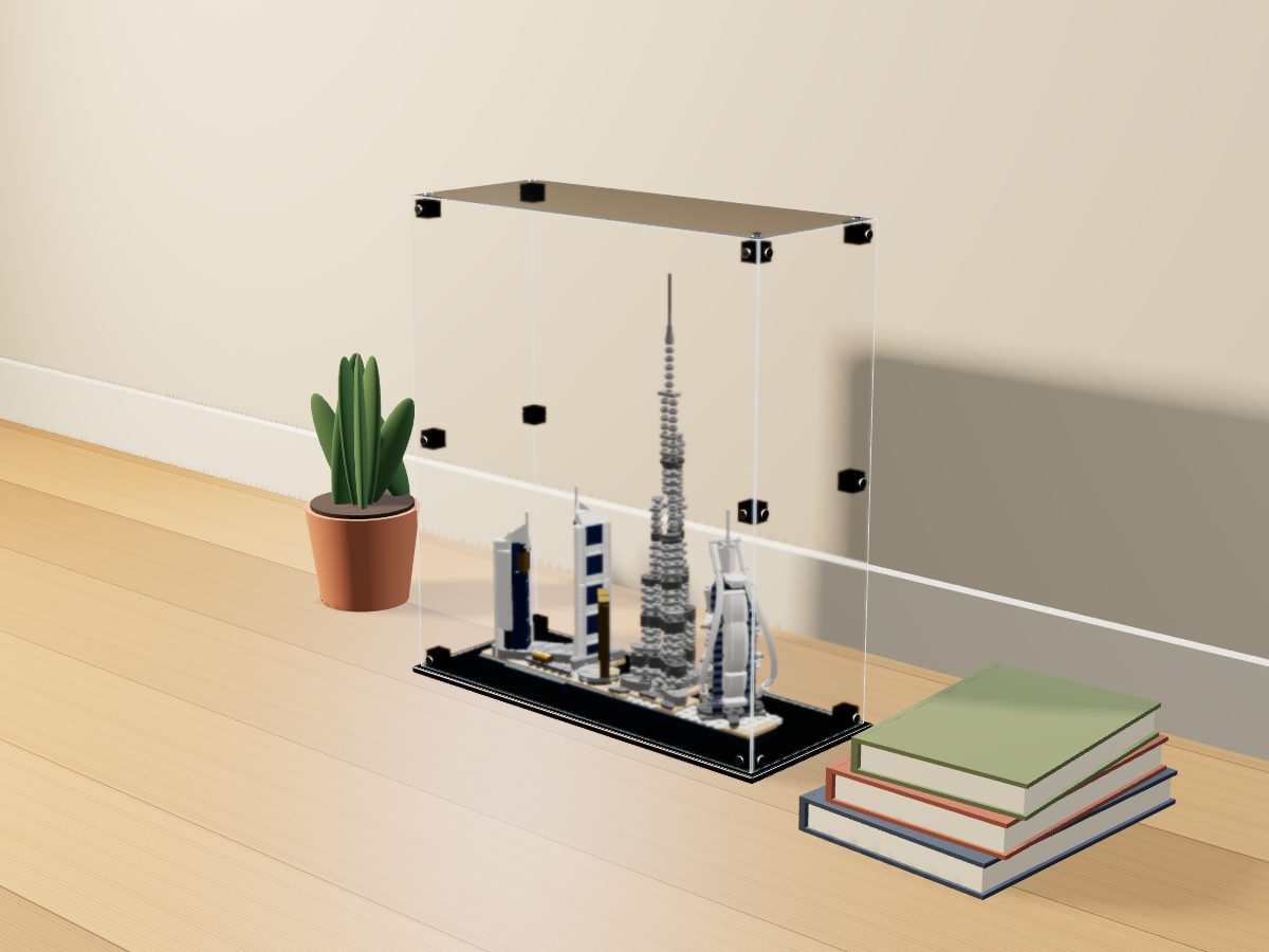 LEGO® Architecture: Dubai (21052) ile Uyumlu Sergileme Vitrini — evde, set içindeyken; set modeli Orion Pobursky (LDraw OMR, CC BY 2.0), temsili görselleştirme, set dahil değildir