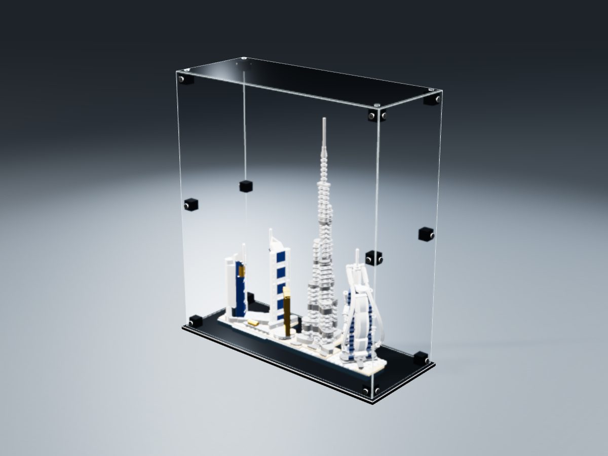 LEGO® Architecture: Dubai (21052) ile Uyumlu Sergileme Vitrini — stüdyoda, set içindeyken; set modeli Orion Pobursky (LDraw OMR, CC BY 2.0), temsili görselleştirme, set dahil değildir