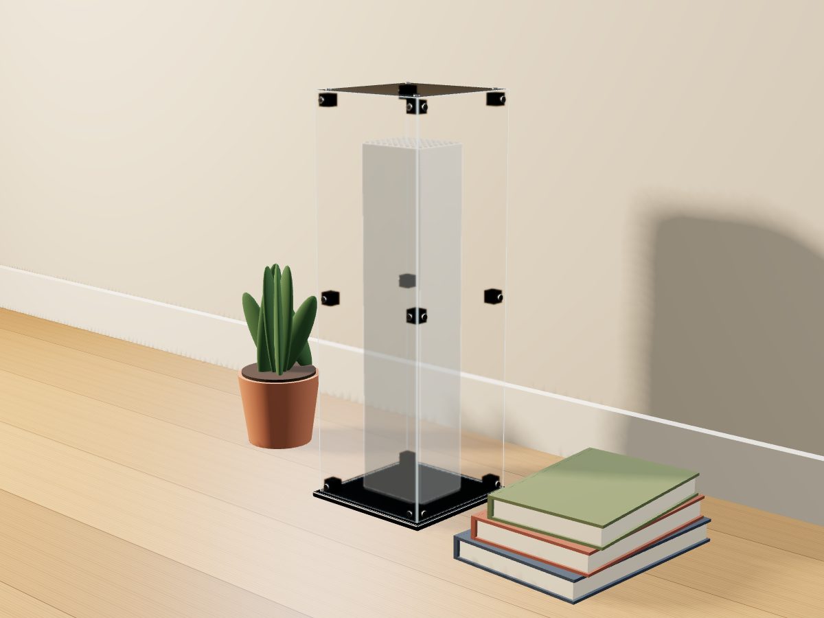 LEGO® Architecture: Burj Khalifa (21055) ile Uyumlu Sergileme Vitrini — evde, setin tahmini ölçüsünde (vitrin iç ölçüsünden) temsili hacimle; setin biçimi çizilmez, set dahil değildir