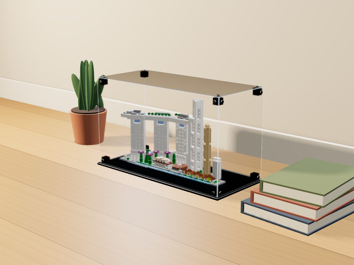 LEGO® Architecture: Singapore (21057) ile Uyumlu Sergileme Vitrini — evde, set içindeyken; set modeli Orion Pobursky [OrionP] (LDraw forumu, OMR gönderimi, CC BY 2.0), temsili görselleştirme, set dahil değildir