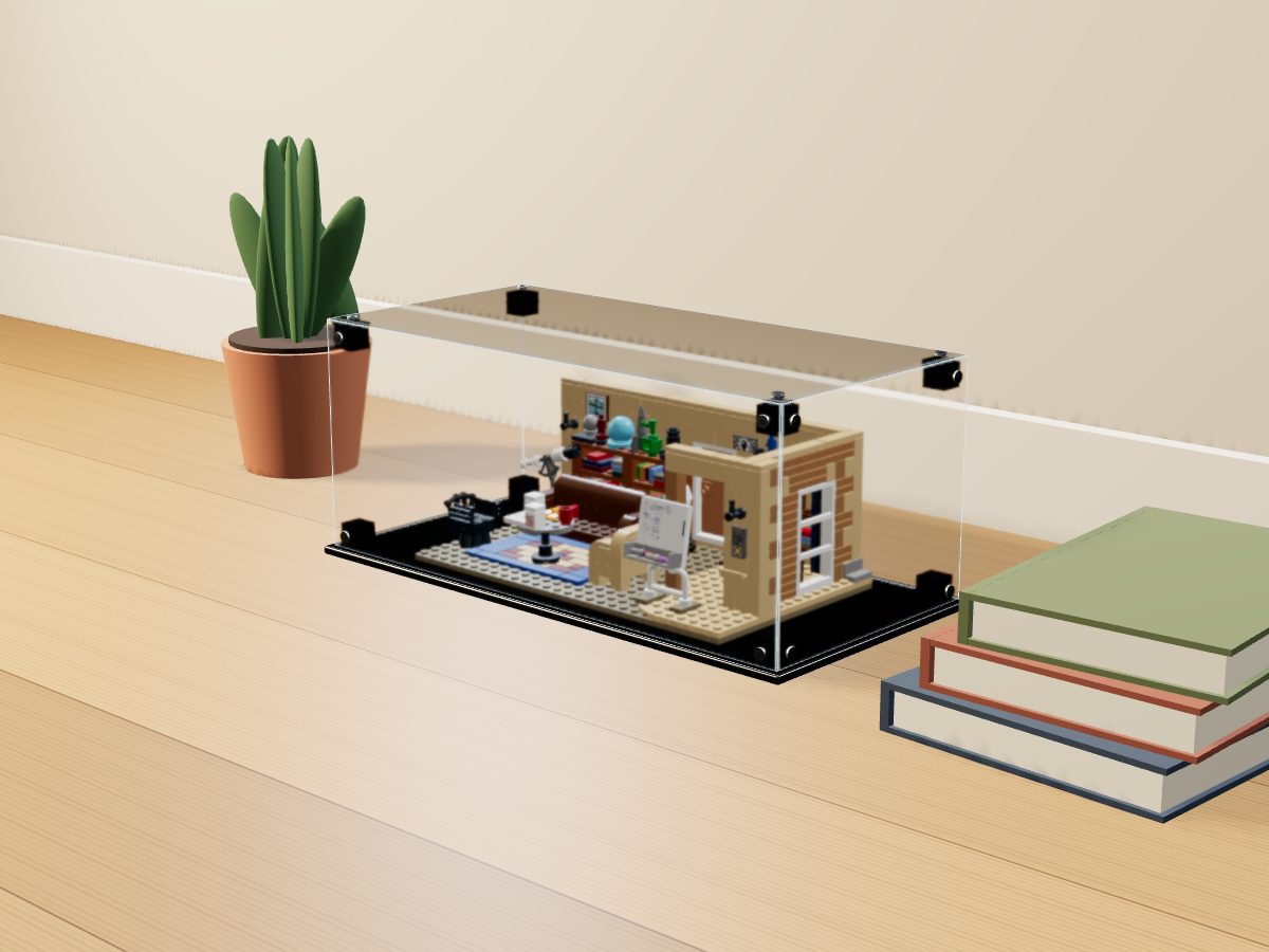 LEGO® Ideas: The Big Bang Theory (21302) ile Uyumlu Sergileme Vitrini — evde, set içindeyken; set modeli Vincent Messenet (LDraw OMR, CC BY 2.0), temsili görselleştirme, set dahil değildir