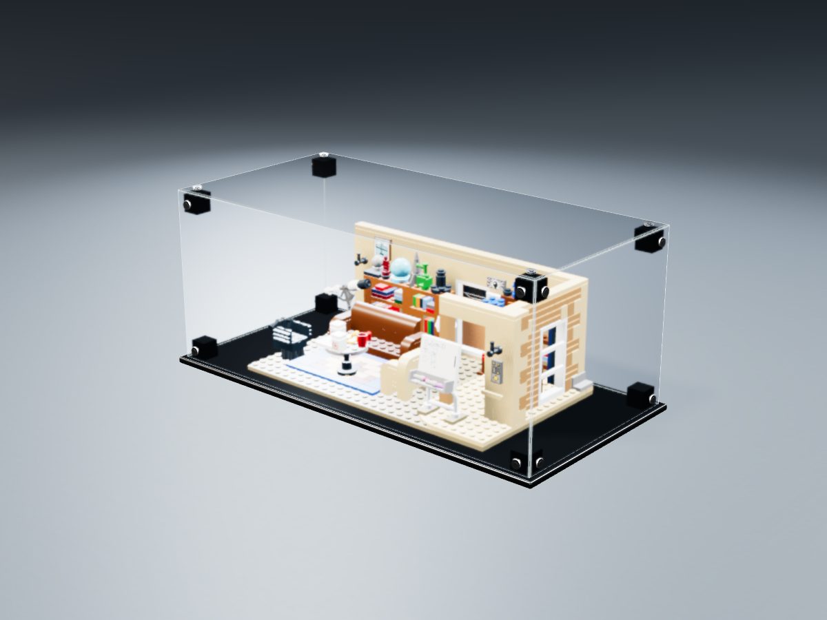 LEGO® Ideas: The Big Bang Theory (21302) ile Uyumlu Sergileme Vitrini — stüdyoda, set içindeyken; set modeli Vincent Messenet (LDraw OMR, CC BY 2.0), temsili görselleştirme, set dahil değildir