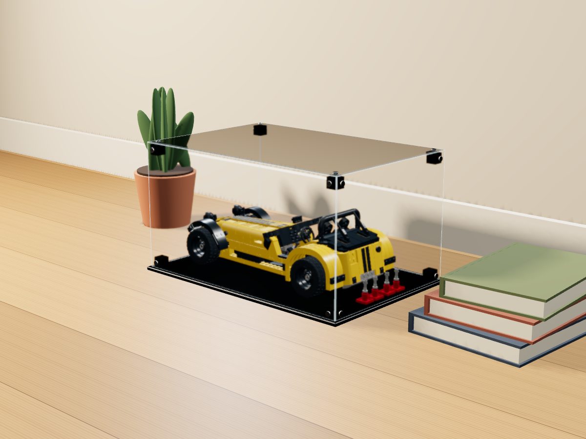 LEGO® Ideas: Caterham Seven 620R (21307) ile Uyumlu Sergileme Vitrini — evde, set içindeyken; set modeli Orion Pobursky (LDraw OMR, CC BY 2.0), temsili görselleştirme, set dahil değildir