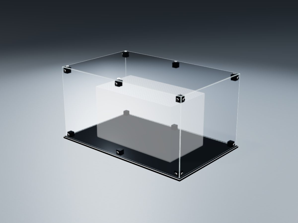 LEGO® Ideas: Steamboat Willie (21317) ile Uyumlu Sergileme Vitrini — stüdyoda, setin LEGO'nun yayımladığı ölçüsünde temsili hacimle; setin biçimi çizilmez, set dahil değildir