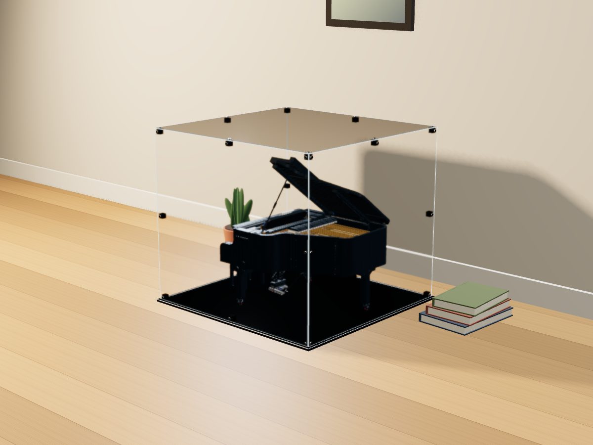 LEGO® Ideas: Grand Piano (21323) ile Uyumlu Sergileme Vitrini — evde, set içindeyken; set modeli Orion Pobursky (LDraw OMR, CC BY 2.0), temsili görselleştirme, set dahil değildir