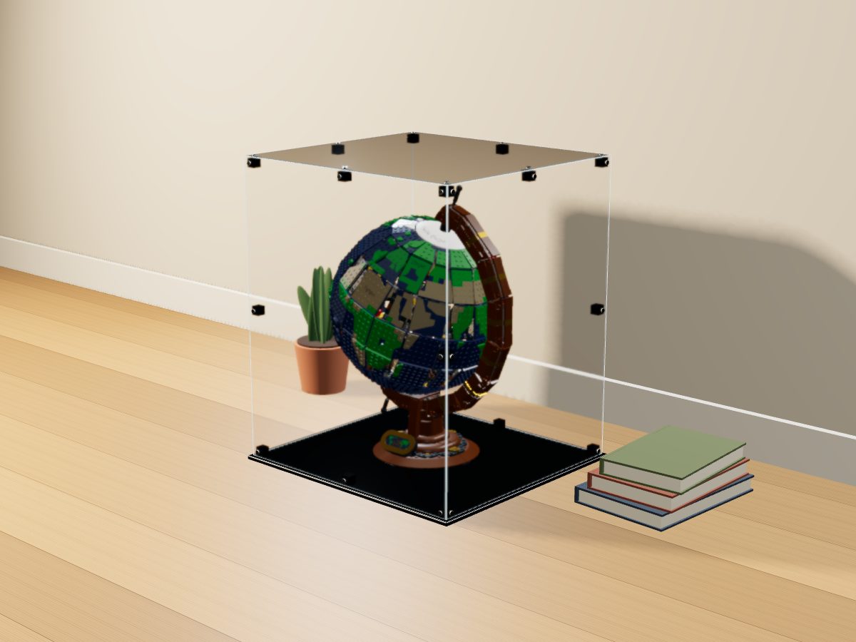 LEGO® Ideas: The Globe (21332) ile Uyumlu Sergileme Vitrini — evde, set içindeyken; set modeli Orion Pobursky [OrionP] (LDraw forumu, OMR gönderimi, CC BY 4.0), temsili görselleştirme, set dahil değildir