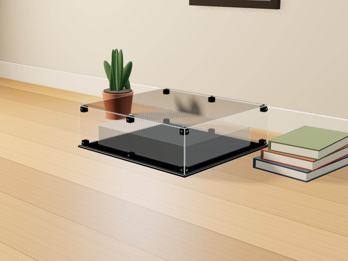 LEGO® Ideas: The Office (21336) ile Uyumlu Sergileme Vitrini — evde, setin tahmini ölçüsünde (vitrin iç ölçüsünden) temsili hacimle; setin biçimi çizilmez, set dahil değildir