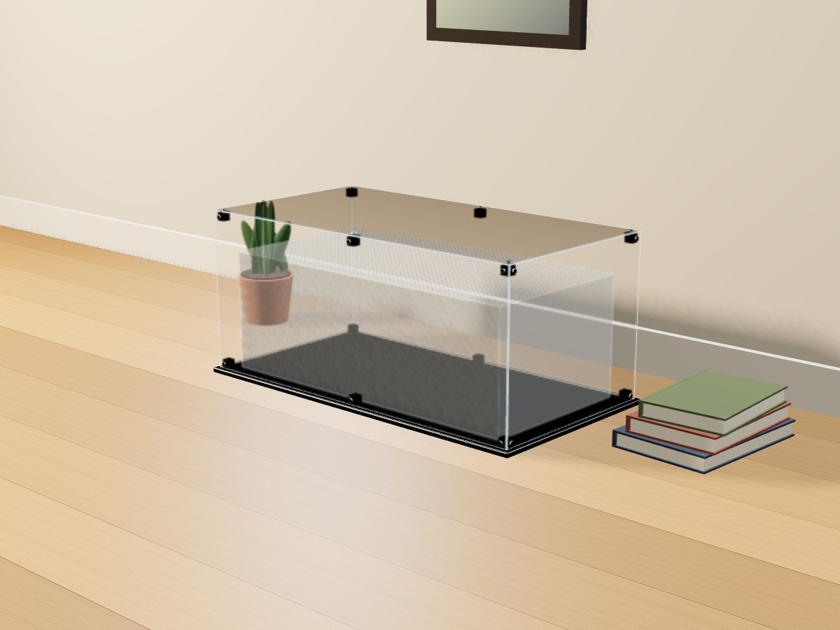 LEGO® Ideas: Willy Wonka & the Chocolate Factory (21360) ile Uyumlu Sergileme Vitrini — evde, setin LEGO'nun yayımladığı ölçüsünde temsili hacimle; setin biçimi çizilmez, set dahil değildir