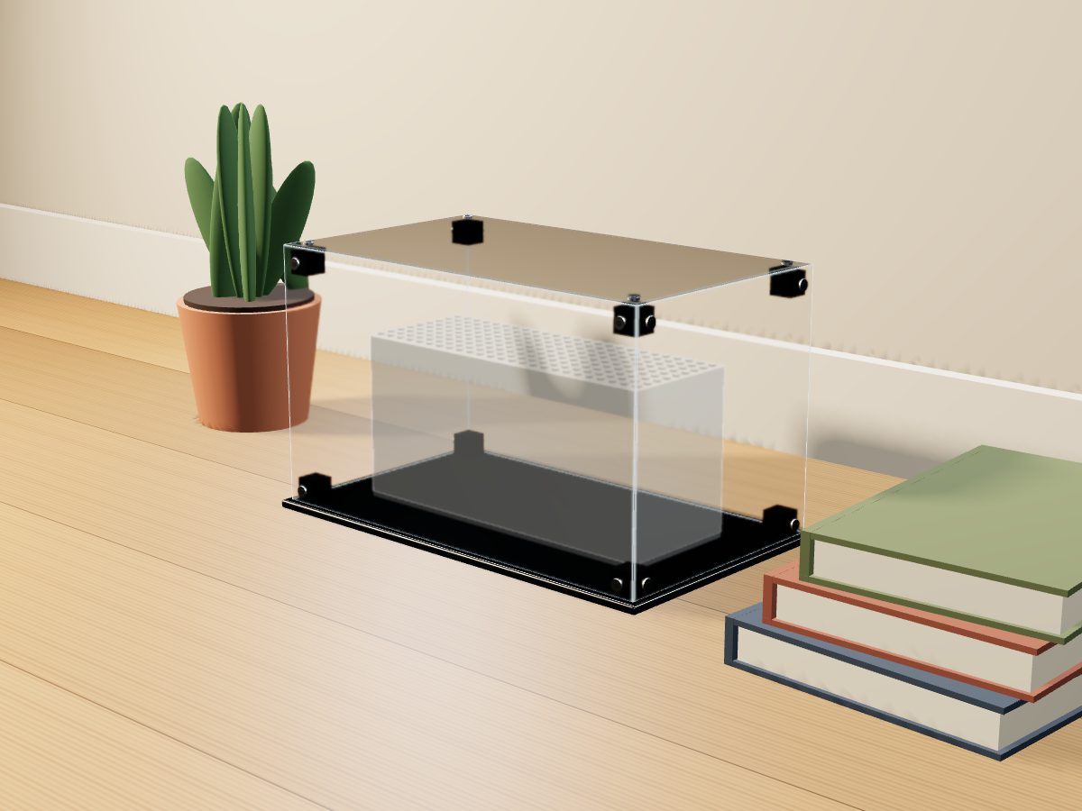 LEGO® Creator: Fish Tank (31122) ile Uyumlu Sergileme Vitrini — evde, setin tahmini ölçüsünde (vitrin iç ölçüsünden) temsili hacimle; setin biçimi çizilmez, set dahil değildir