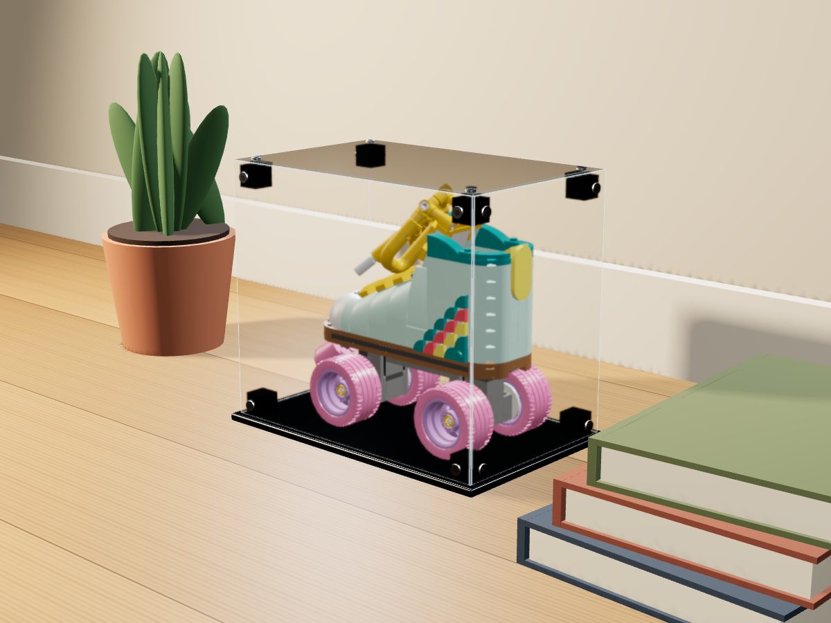 LEGO® Creator: Retro Roller Skate (31148) ile Uyumlu Sergileme Vitrini — evde, set içindeyken; set modeli Marc Giraudet [Mad_Marc] (LDraw forumu, OMR gönderimi, CC BY 2.0), temsili görselleştirme, set dahil değildir