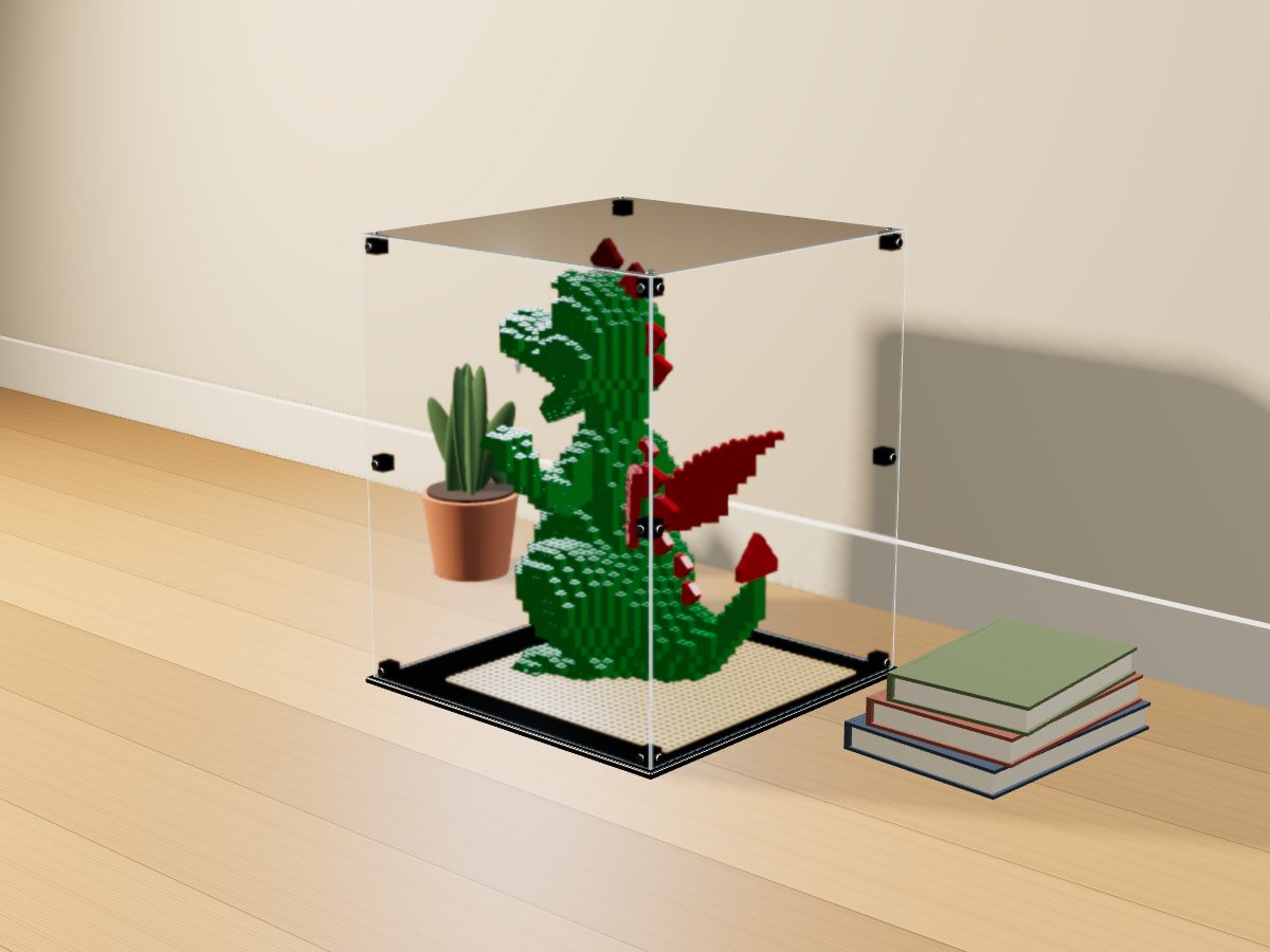 LEGO® Diğer: Lego Dragon (3724) ile Uyumlu Sergileme Vitrini — evde, set içindeyken; set modeli Marc Giraudet [Mad_Marc] (LDraw forumu, OMR gönderimi, CC BY 2.0), temsili görselleştirme, set dahil değildir
