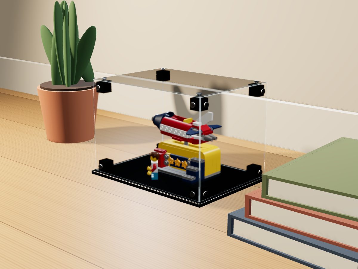 LEGO® Ideas: Space Rocket Ride (40335) ile Uyumlu Sergileme Vitrini — evde, set içindeyken; set modeli Marc Giraudet (LDraw OMR, CC BY 2.0), temsili görselleştirme, set dahil değildir
