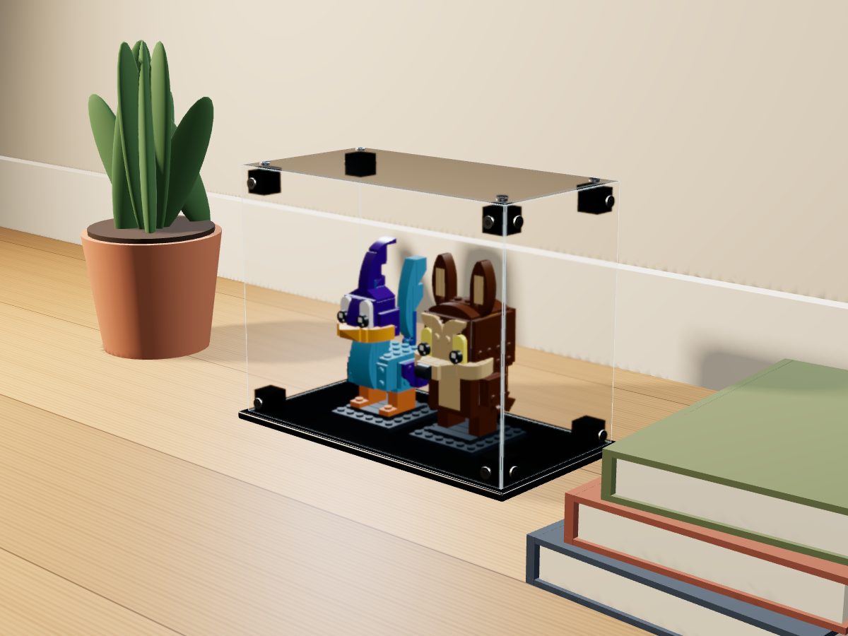 LEGO® BrickHeadz: Road Runner & Wile E. Coyote (40559) ile Uyumlu Sergileme Vitrini — evde, set içindeyken; set modeli Vincent Messenet [Cheenzo] (LDraw forumu, OMR gönderimi, CC BY 2.0), temsili görselleştirme, set dahil değildir