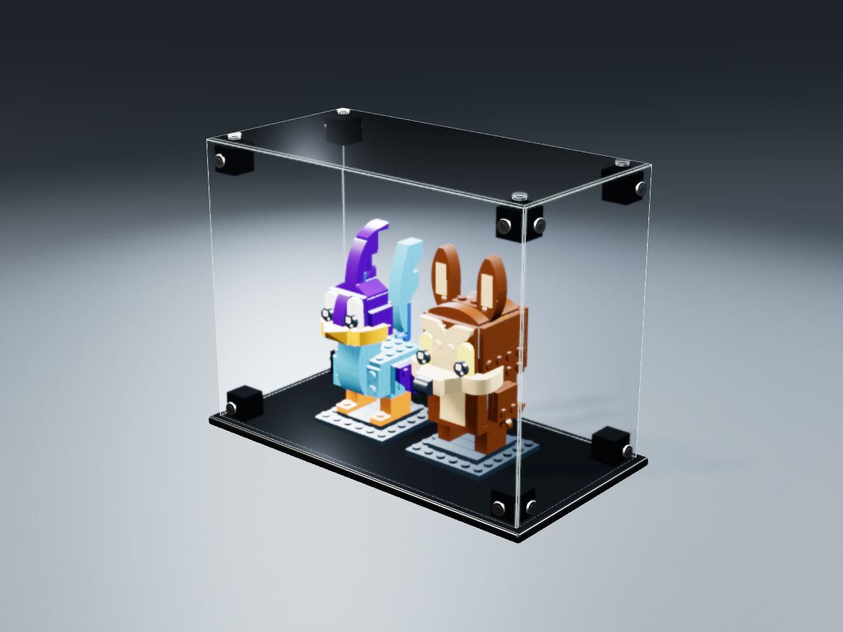 LEGO® BrickHeadz: Road Runner & Wile E. Coyote (40559) ile Uyumlu Sergileme Vitrini — stüdyoda, set içindeyken; set modeli Vincent Messenet [Cheenzo] (LDraw forumu, OMR gönderimi, CC BY 2.0), temsili görselleştirme, set dahil değildir