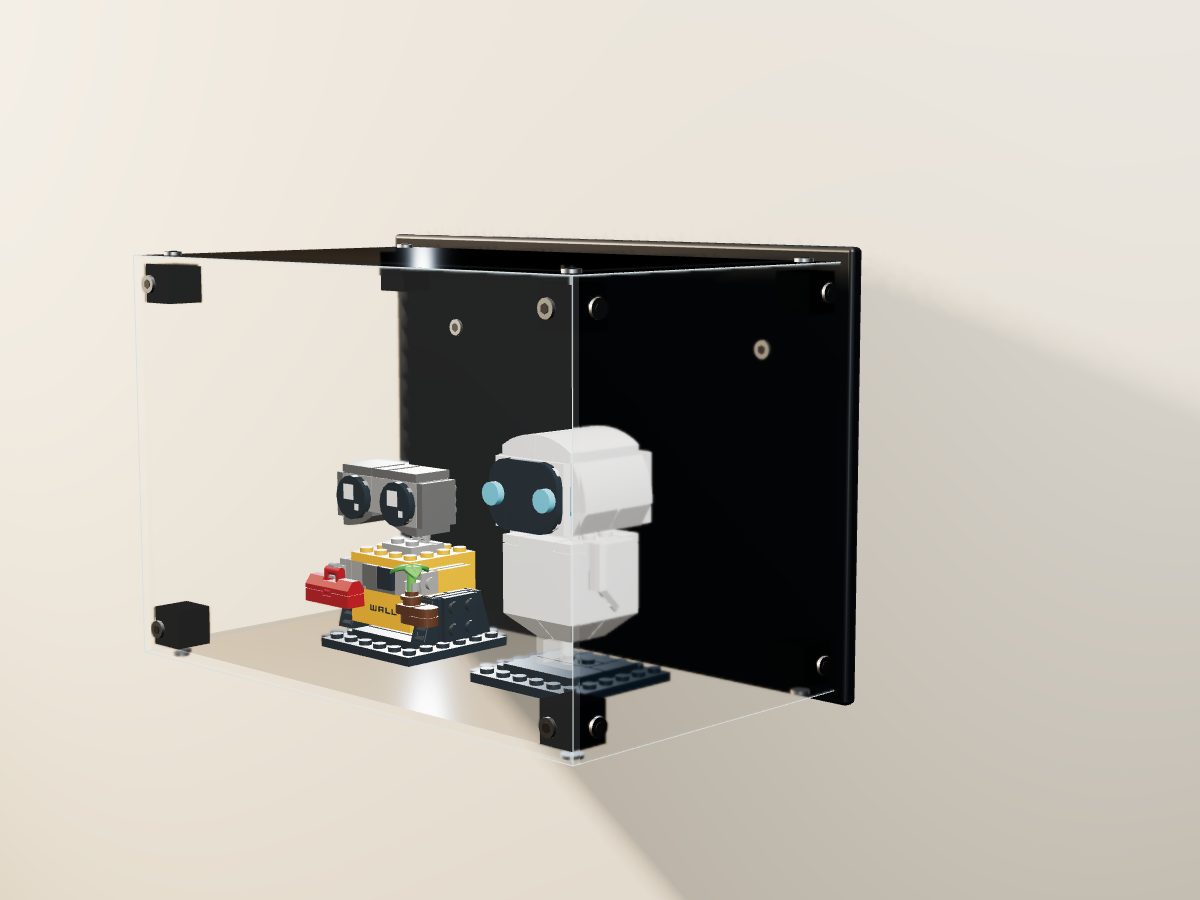 LEGO® BrickHeadz: EVE & WALL•E (40619) ile Uyumlu Sergileme Vitrini — evde, set içindeyken; set modeli Vincent Messenet [Cheenzo] (LDraw forumu, OMR gönderimi, CC BY 2.0), temsili görselleştirme, set dahil değildir