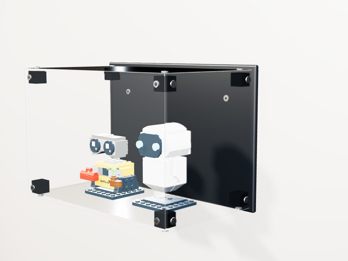 LEGO® BrickHeadz: EVE & WALL•E (40619) ile Uyumlu Sergileme Vitrini — stüdyoda, set içindeyken; set modeli Vincent Messenet [Cheenzo] (LDraw forumu, OMR gönderimi, CC BY 2.0), temsili görselleştirme, set dahil değildir
