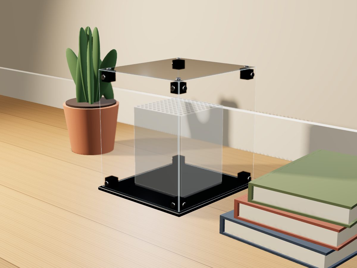 LEGO® Ideas: Books Are My Passion (40698) ile Uyumlu Sergileme Vitrini — evde, setin LEGO'nun yayımladığı ölçüsünde temsili hacimle; setin biçimi çizilmez, set dahil değildir